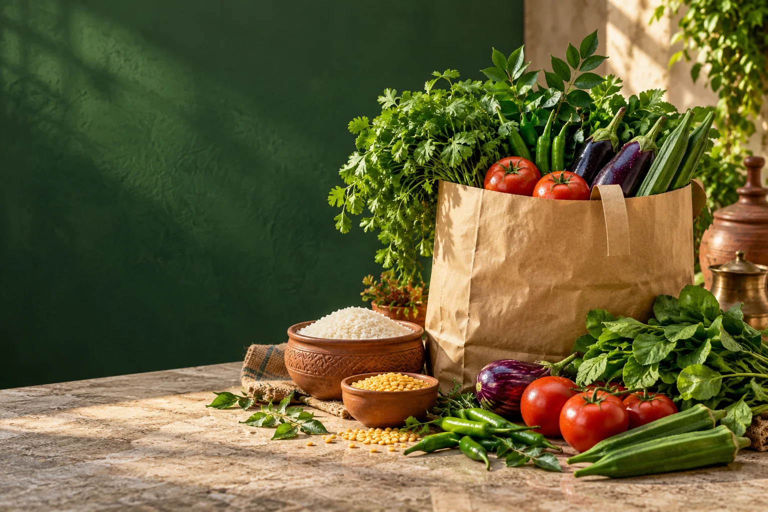 AI-generated photograph of fresh vegetables, rice and lentils in a grocery bag